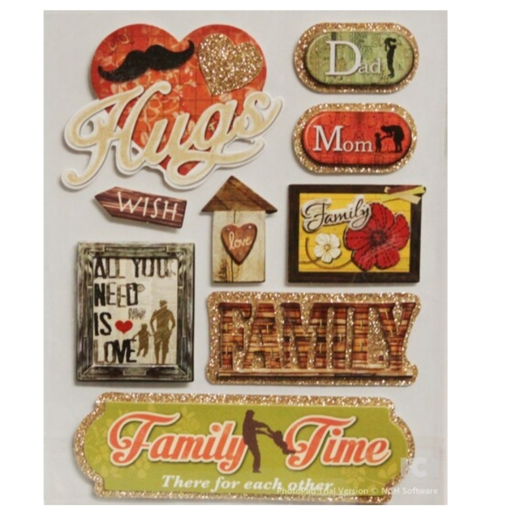 Crafter's Square Dimensional 9PC Paper Family Time Themed Stickers Scrapbooking